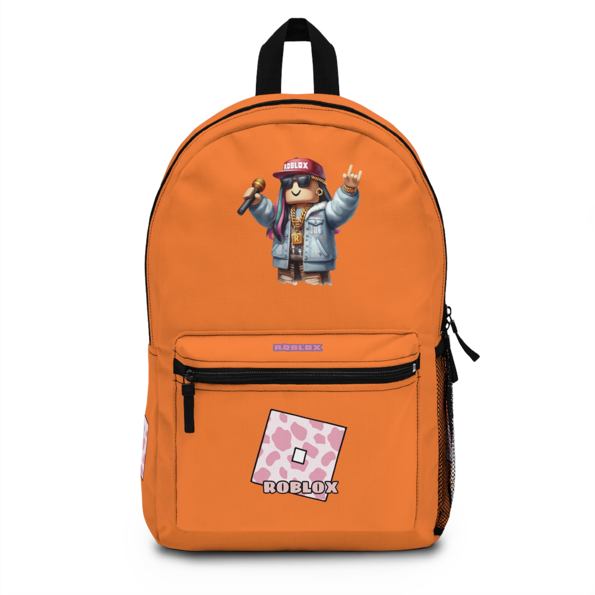 Front view of crusta orange personalized Roblox girls school bag with gamer design at dobermenpremier.com