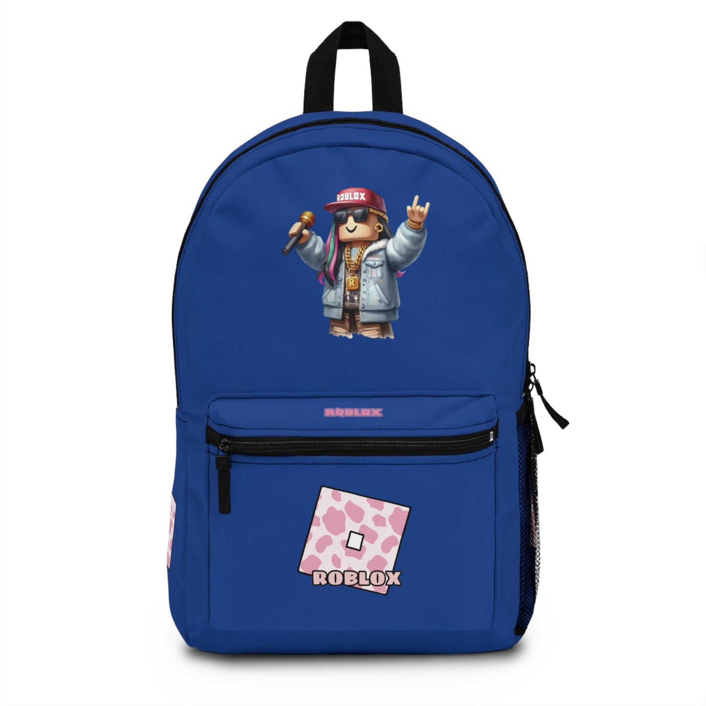 Front view of dark blue personalized Roblox girls school bag with gamer design at dobermenpremier.com