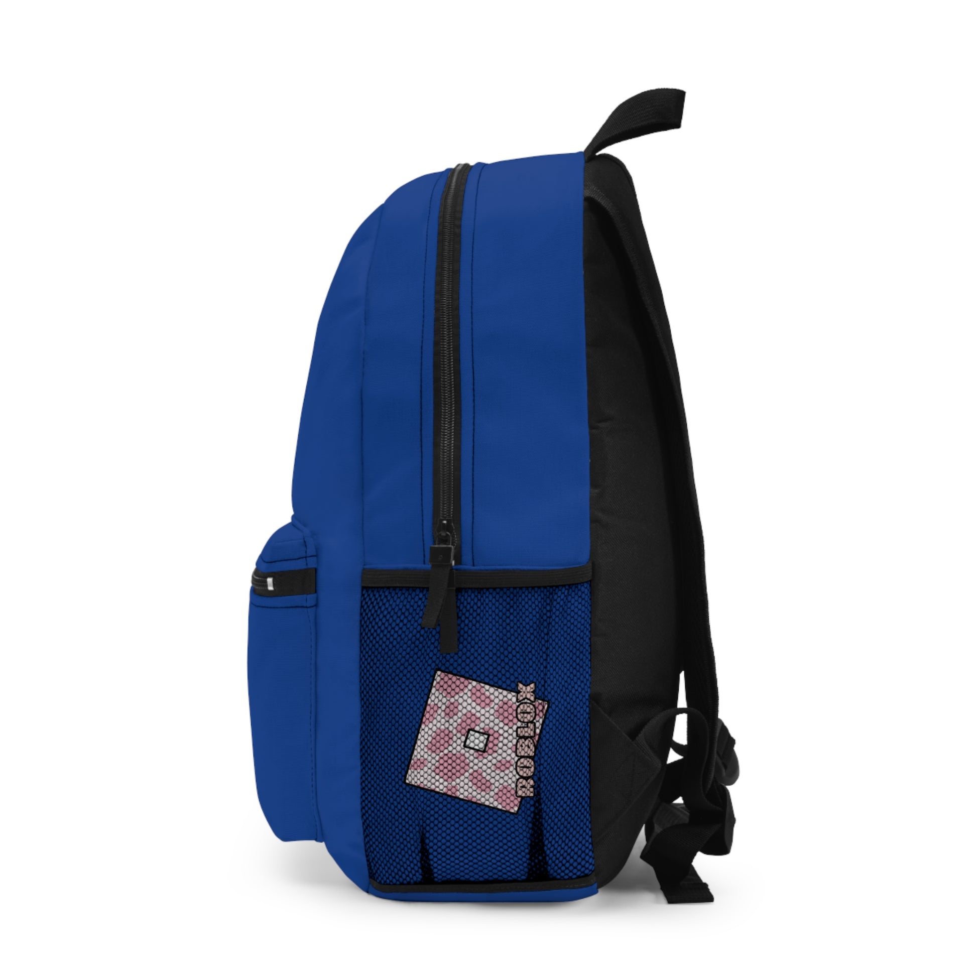 Side view of dark blue Roblox girls school bag showing mesh pocket and logo at dobermenpremier.com