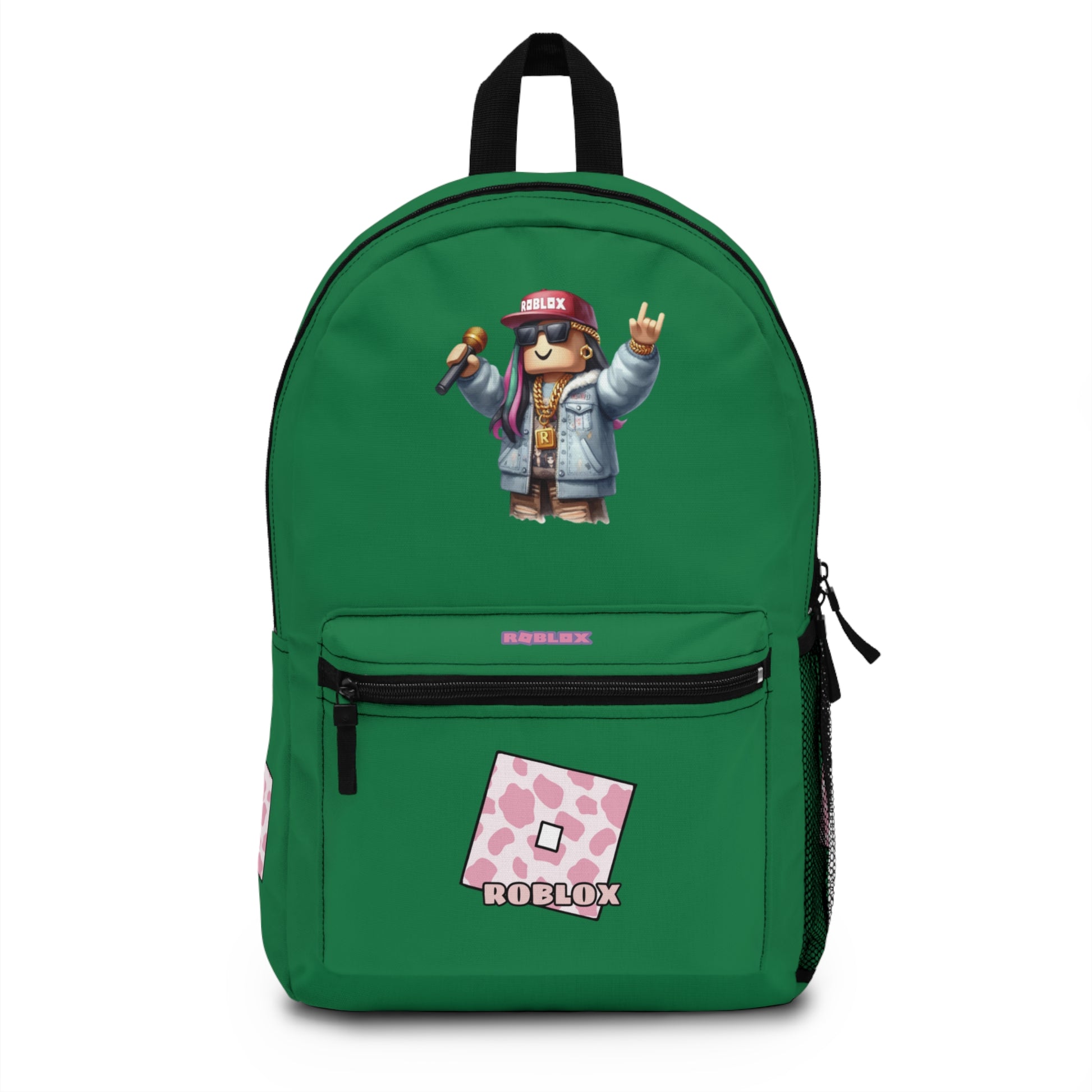 Front view of dark green personalized Roblox girls school bag with gamer design at dobermenpremier.com