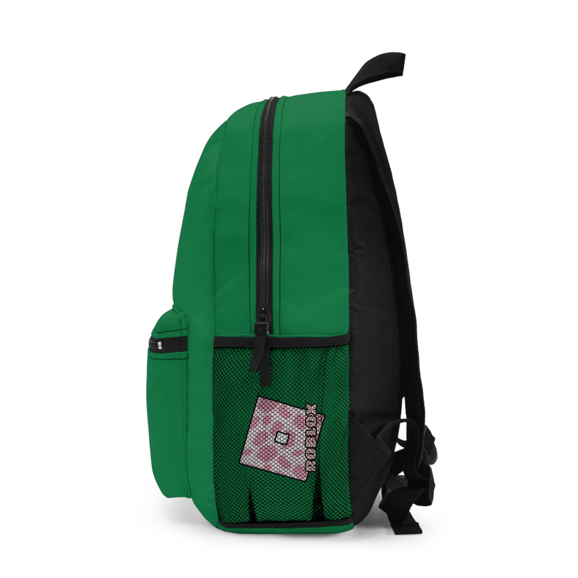 Side view of dark green Roblox girls school bag showing mesh pocket and logo at dobermenpremier.com