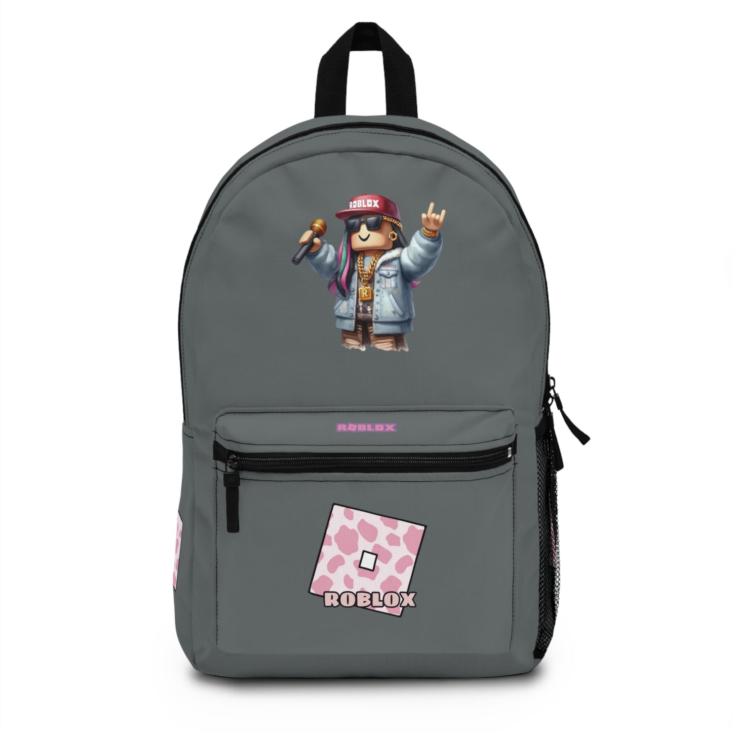 Front view of dark grey personalized Roblox girls school bag with gamer design at dobermenpremier.com