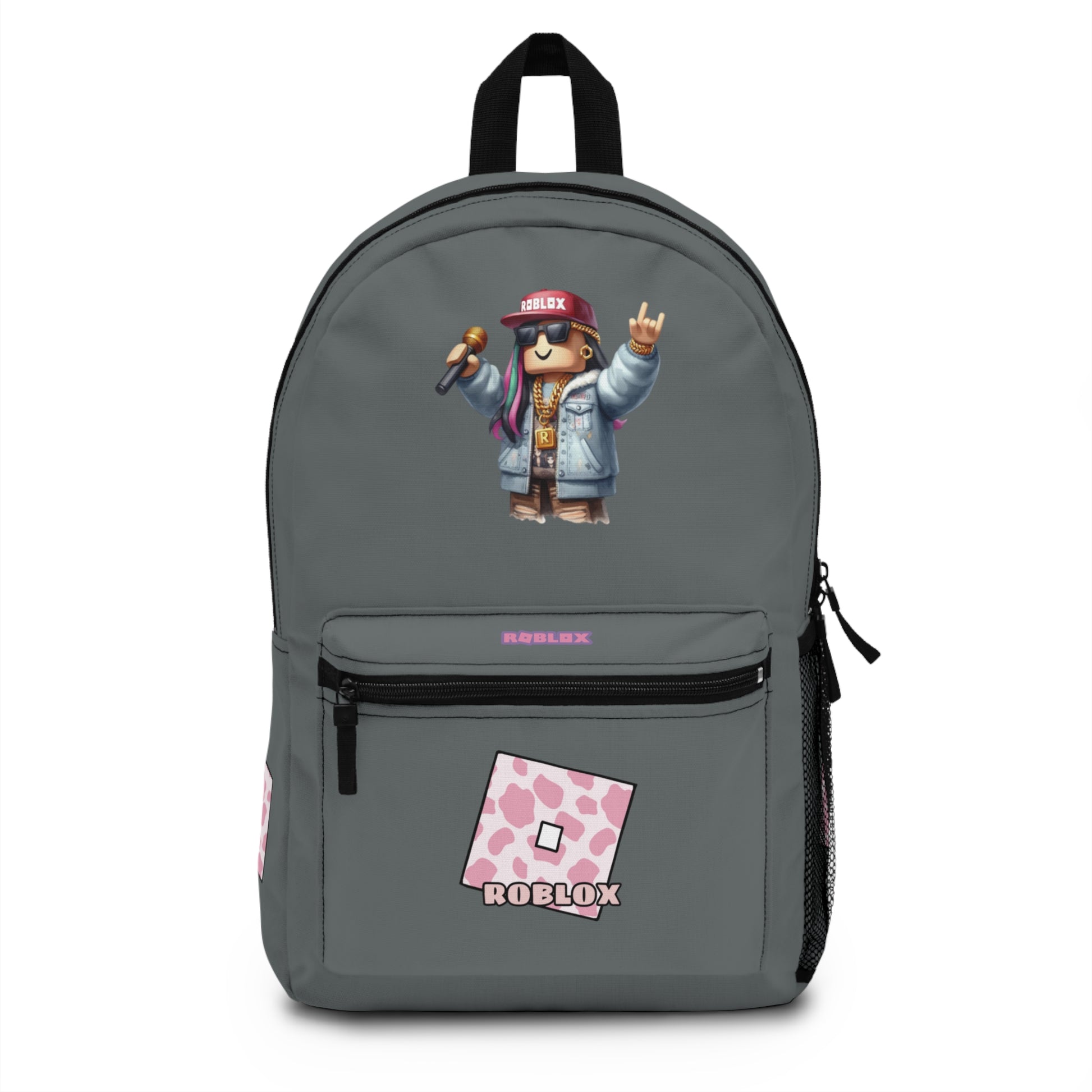 Front view of dark grey personalized Roblox girls school bag with gamer design at dobermenpremier.com