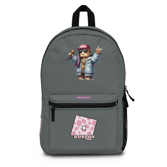 Front view of dark grey personalized Roblox girls school bag with gamer design at dobermenpremier.com