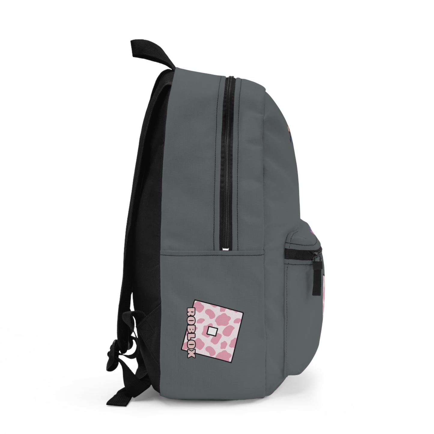 Side view of dark grey Roblox girls backpack showing clean profile and shoulder strap at dobermenpremier.com