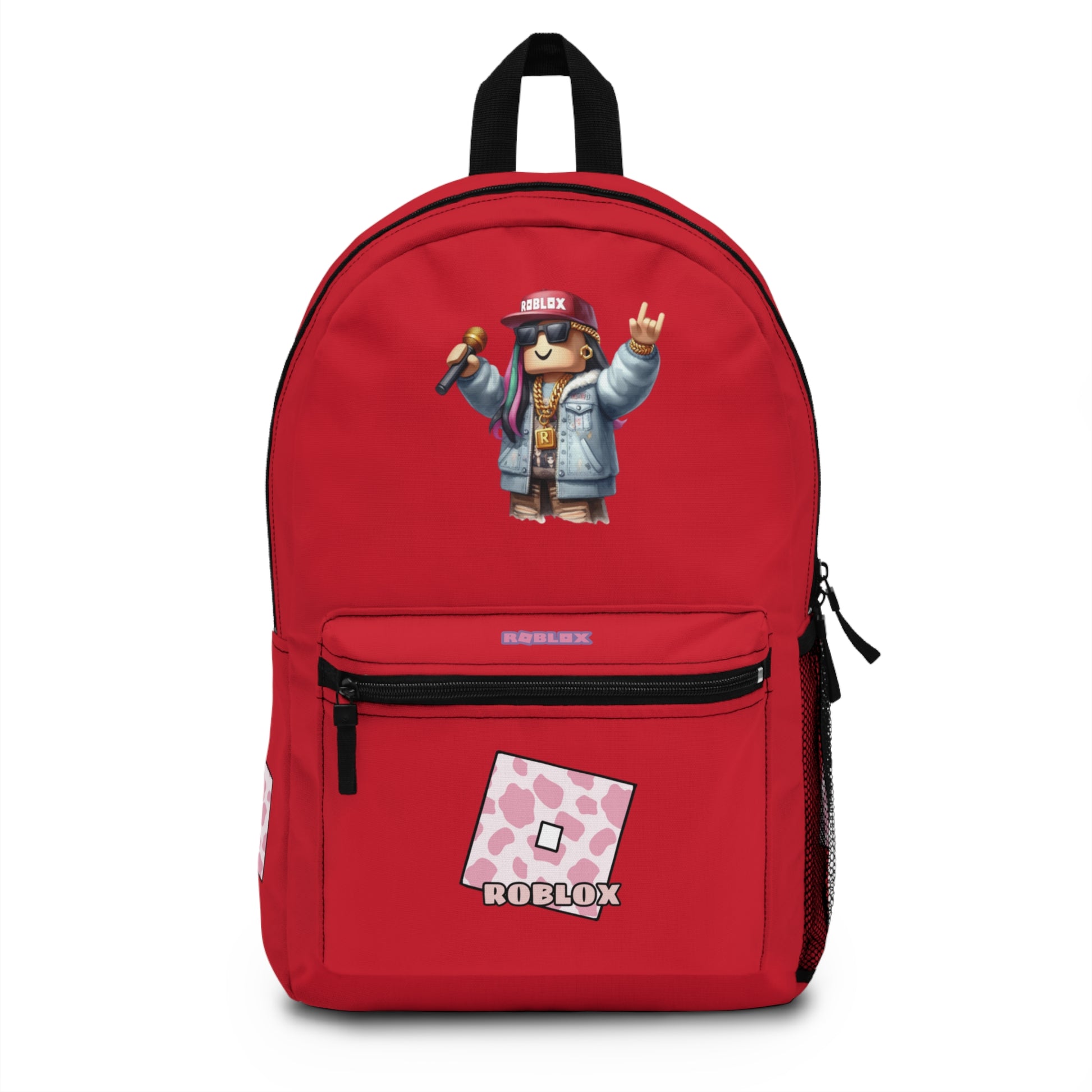 Front view of dark red personalized Roblox girls school bag with gamer design at dobermenpremier.com