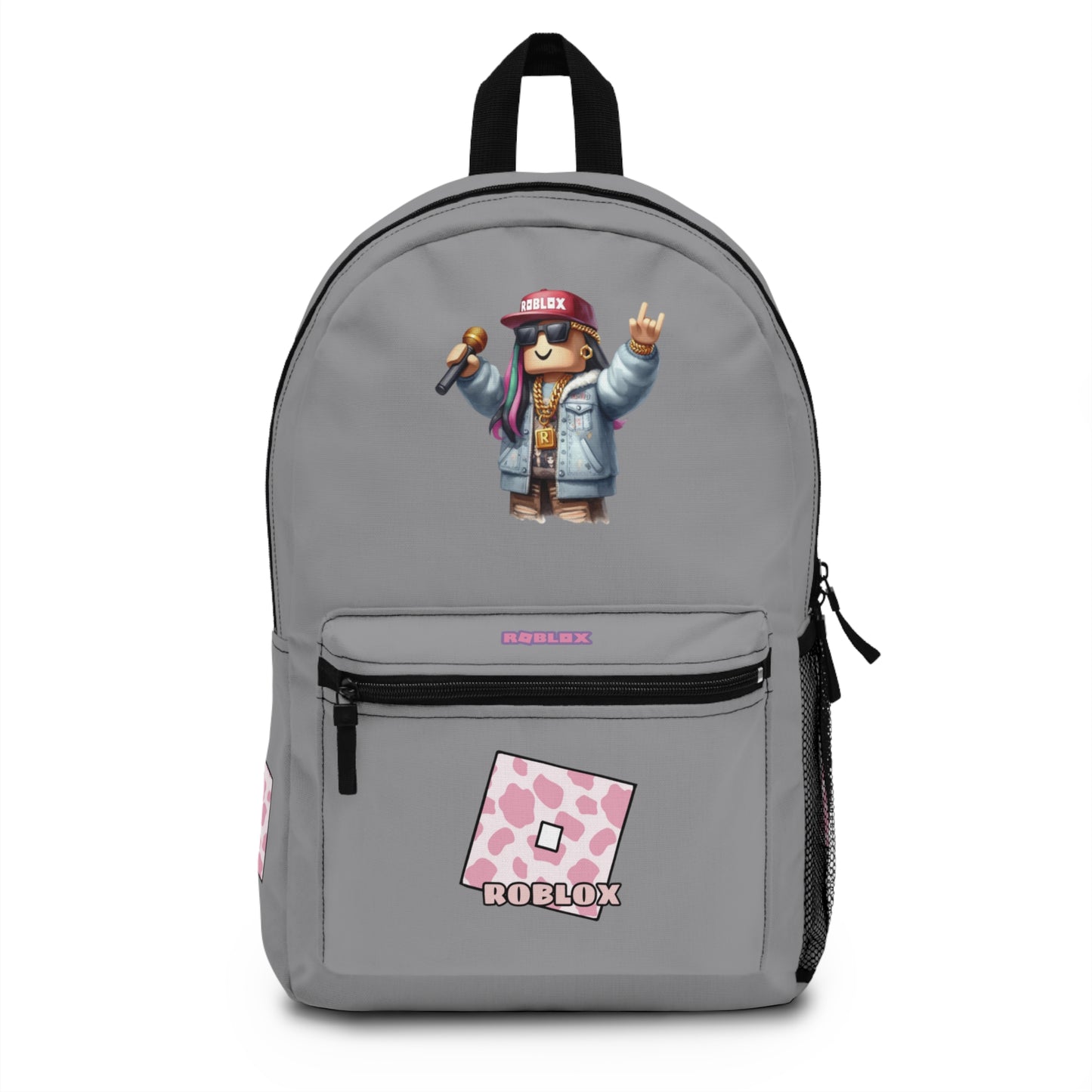 Front view of grey personalized Roblox girls school bag with gamer design at dobermenpremier.com