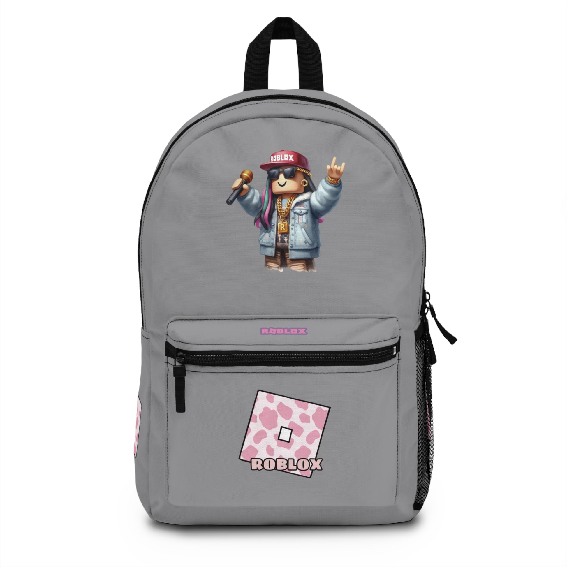 Front view of grey personalized Roblox girls school bag with gamer design at dobermenpremier.com