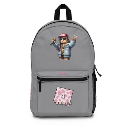 Front view of grey personalized Roblox girls school bag with gamer design at dobermenpremier.com