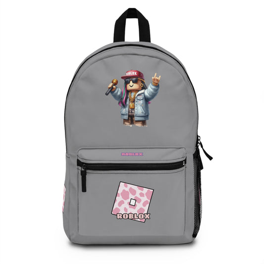 Front view of grey personalized Roblox girls school bag with gamer design at dobermenpremier.com