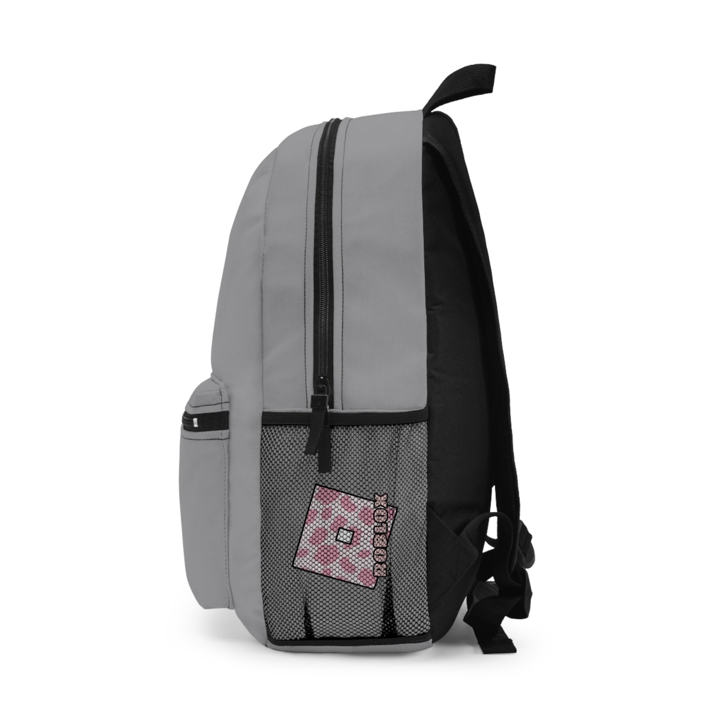 Side view of grey Roblox girls school bag showing mesh pocket and logo at dobermenpremier.com