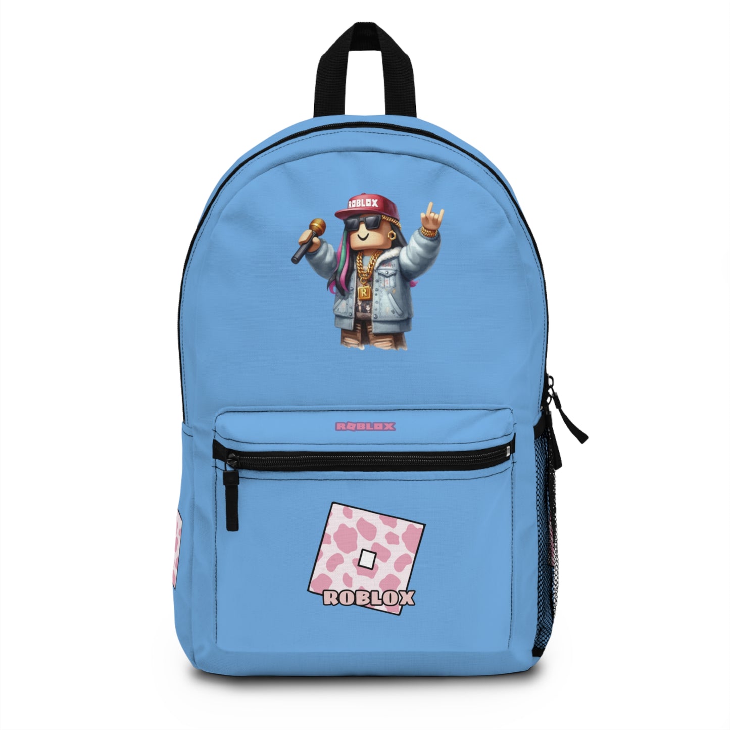 Front view of light blue personalized Roblox girls school bag with gamer design at dobermenpremier.com