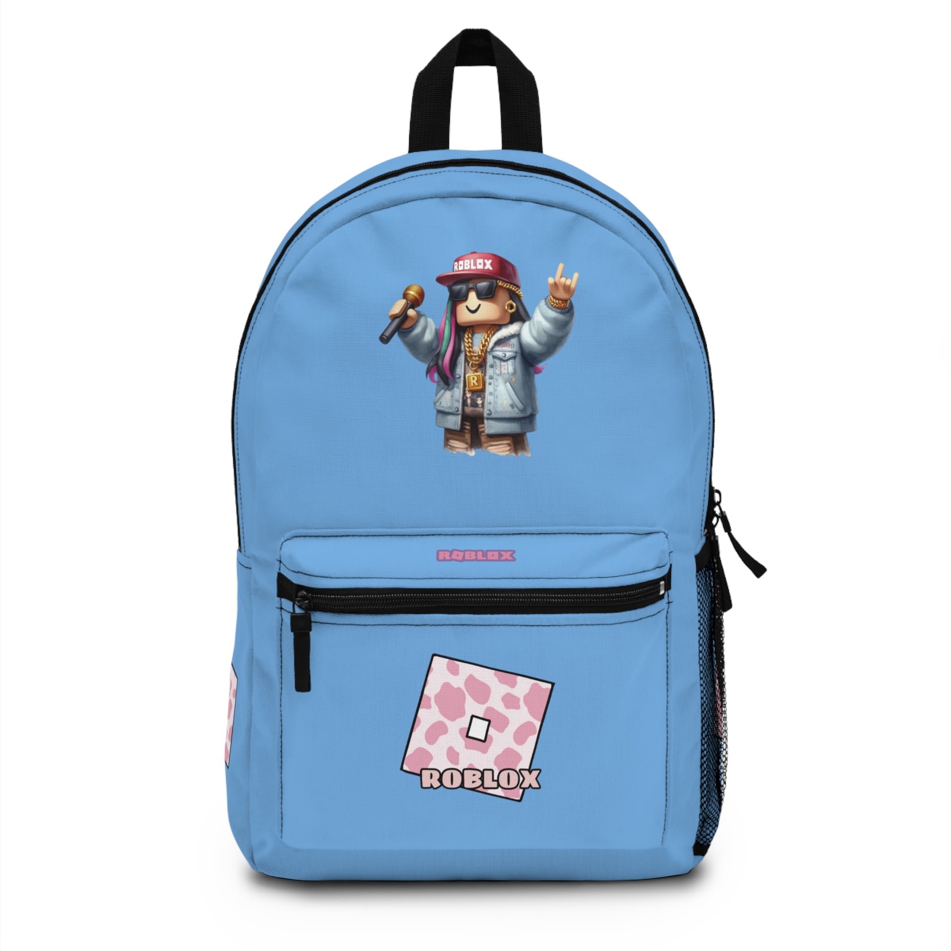 Front view of light blue personalized Roblox girls school bag with gamer design at dobermenpremier.com