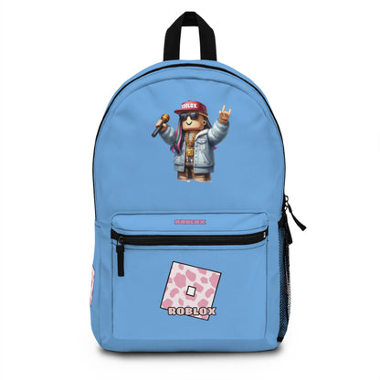 Front view of light blue personalized Roblox girls school bag with gamer design at dobermenpremier.com