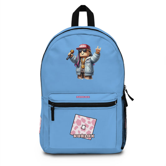 Front view of light blue personalized Roblox girls school bag with gamer design at dobermenpremier.com