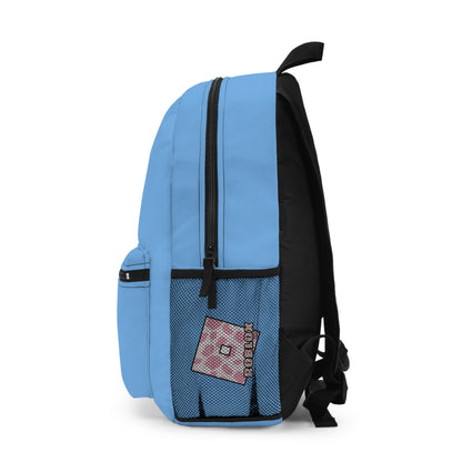 Side view of light blue Roblox girls school bag showing mesh pocket and logo at dobermenpremier.com