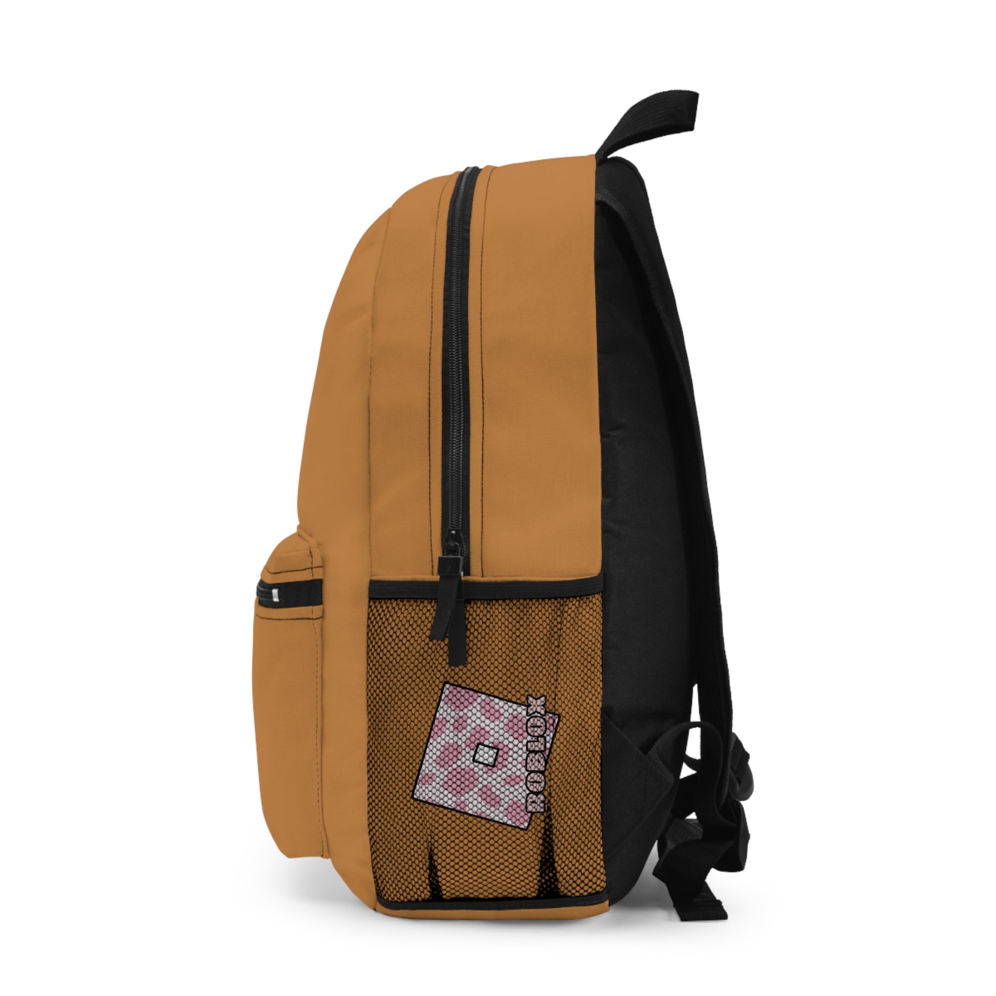 Side view of light brown Roblox girls school bag showing mesh pocket and logo at dobermenpremier.com