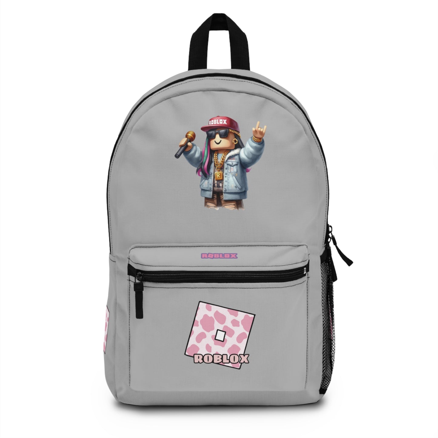 Front view of light grey personalized Roblox girls school bag with gamer design at dobermenpremier.com