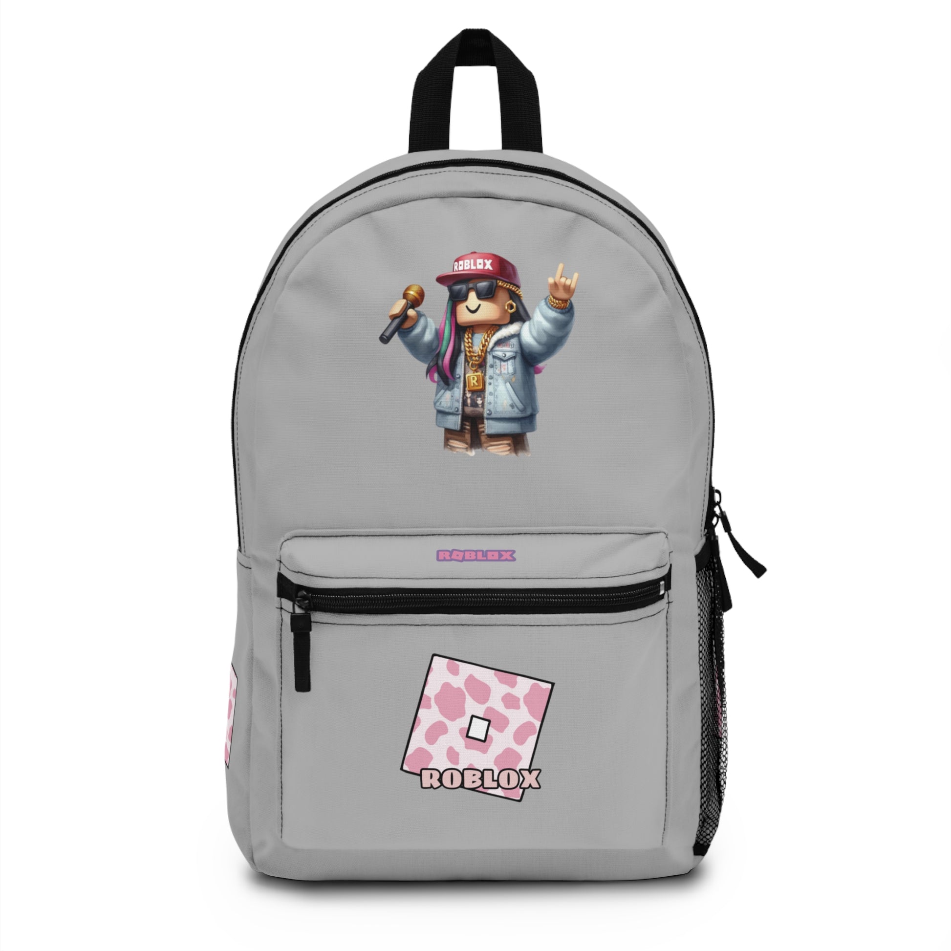 Front view of light grey personalized Roblox girls school bag with gamer design at dobermenpremier.com