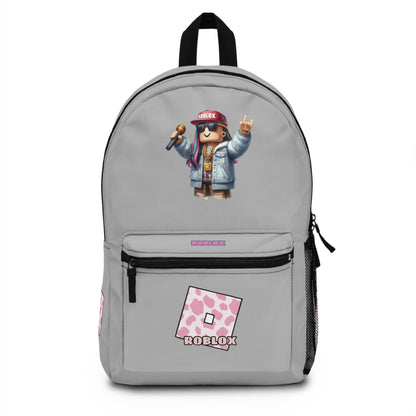 Front view of light grey personalized Roblox girls school bag with gamer design at dobermenpremier.com