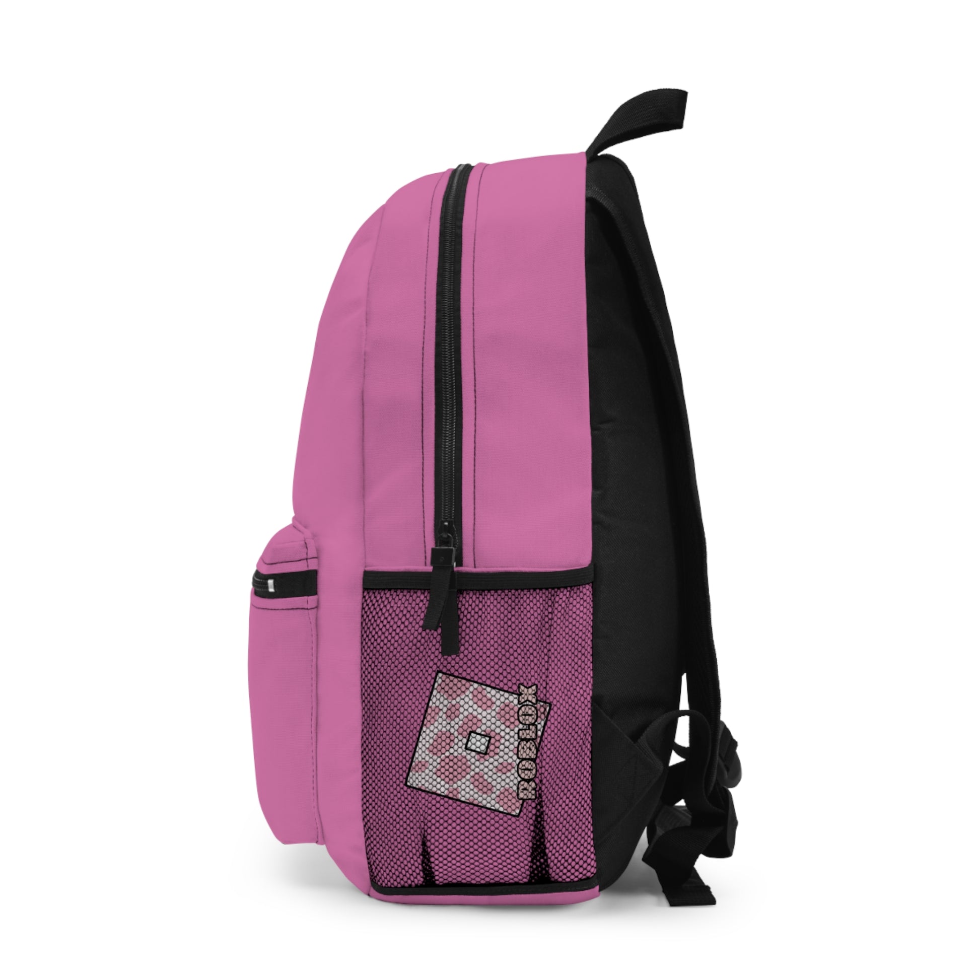 Side view of light pink Roblox girls school bag showing mesh pocket and logo at dobermenpremier.com