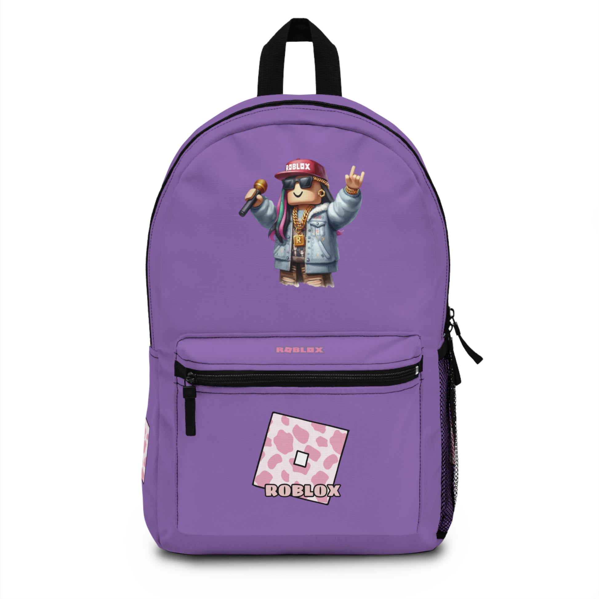 Front view of light purple personalized Roblox girls school bag with gamer desig