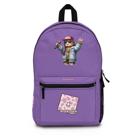 Front view of light purple personalized Roblox girls school bag with gamer desig