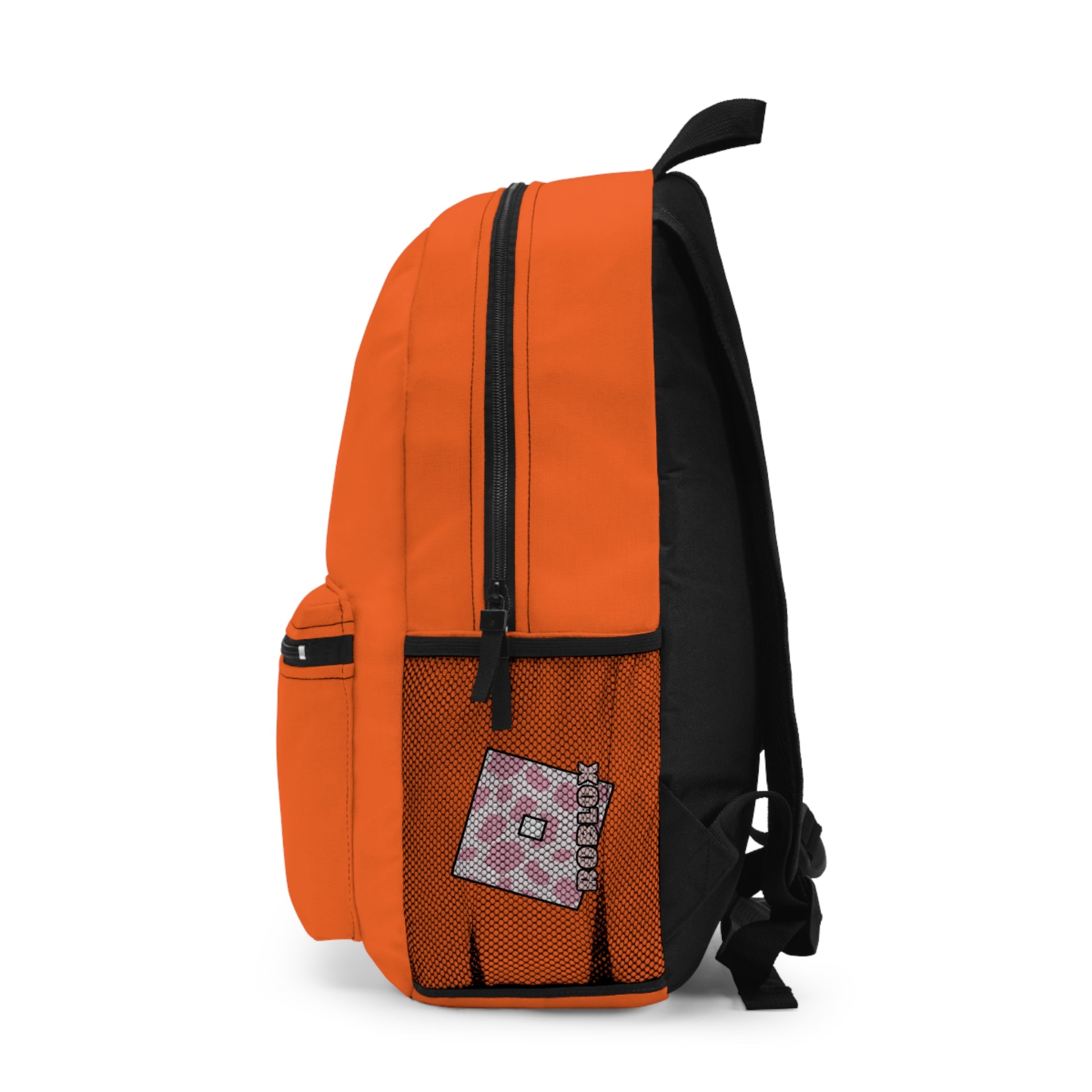 Side view of orange Roblox girls school bag showing mesh pocket and logo at dobermenpremier.com