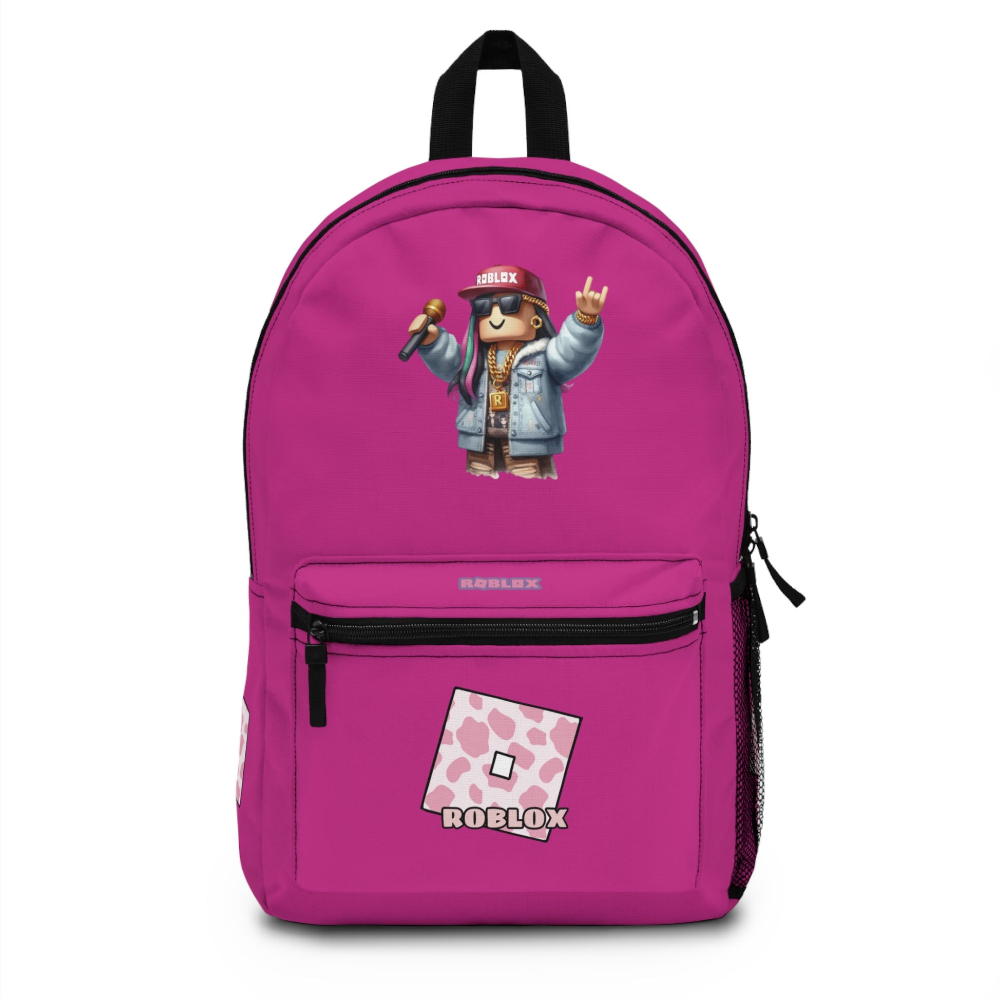 Front view of pink personalized Roblox girls school bag with gamer design at dobermenpremier.com