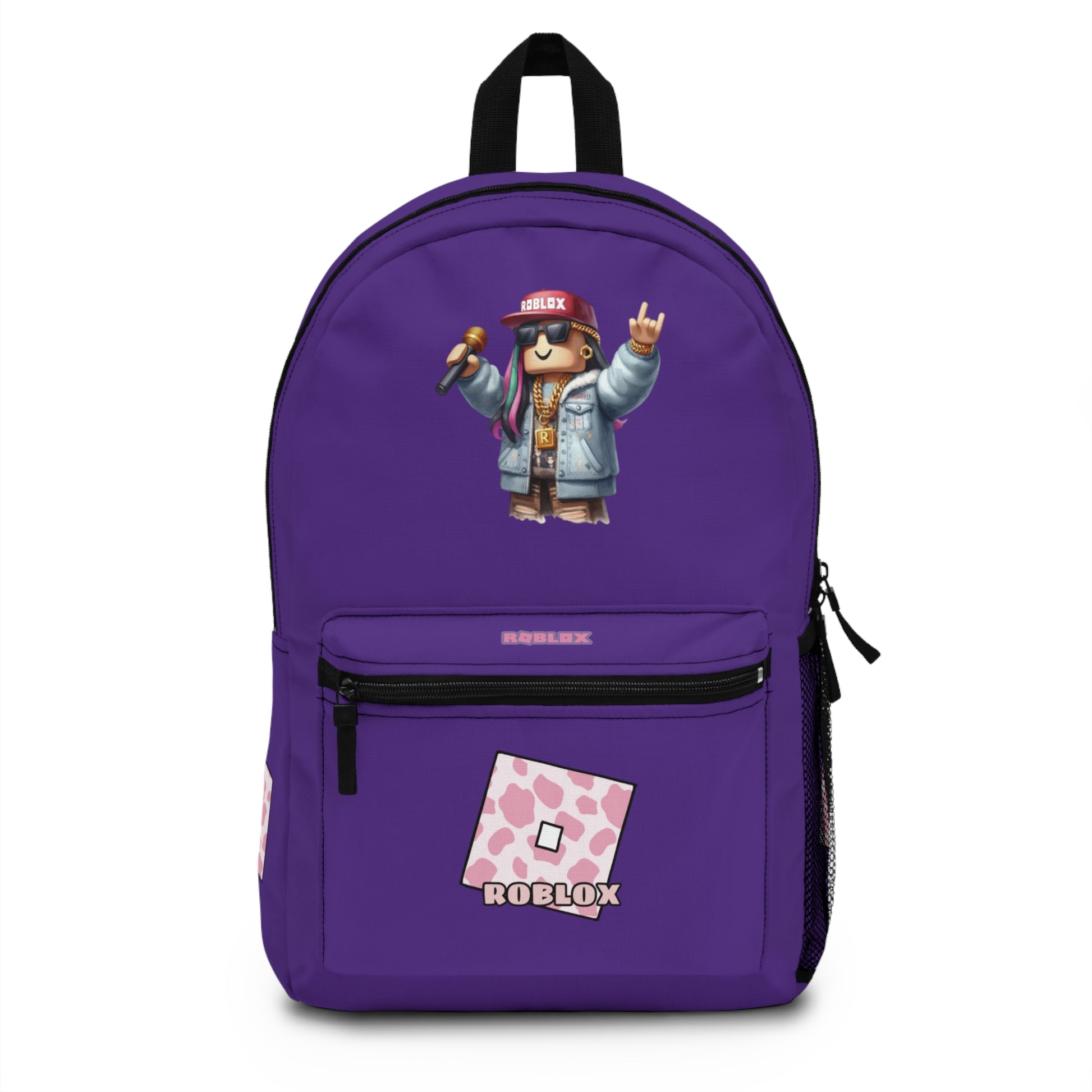 Front view of purple personalized Roblox girls school bag with gamer design at dobermenpremier.com