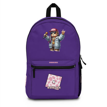 Front view of purple personalized Roblox girls school bag with gamer design at dobermenpremier.com