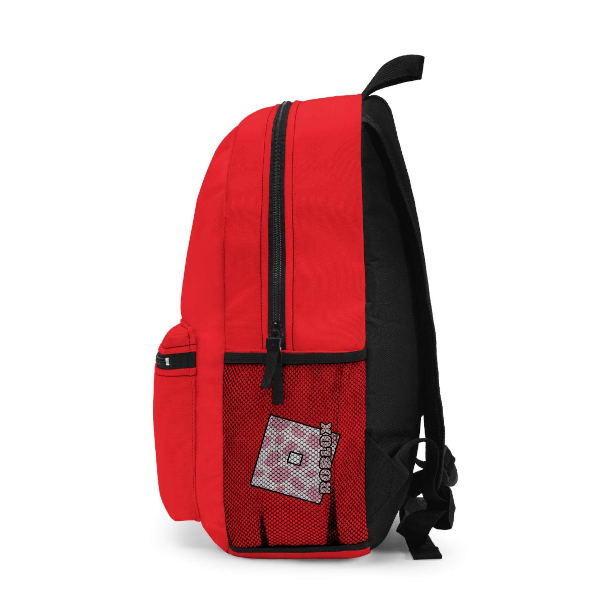 Side view of red Roblox girls school bag showing mesh pocket and logo at dobermenpremier.com