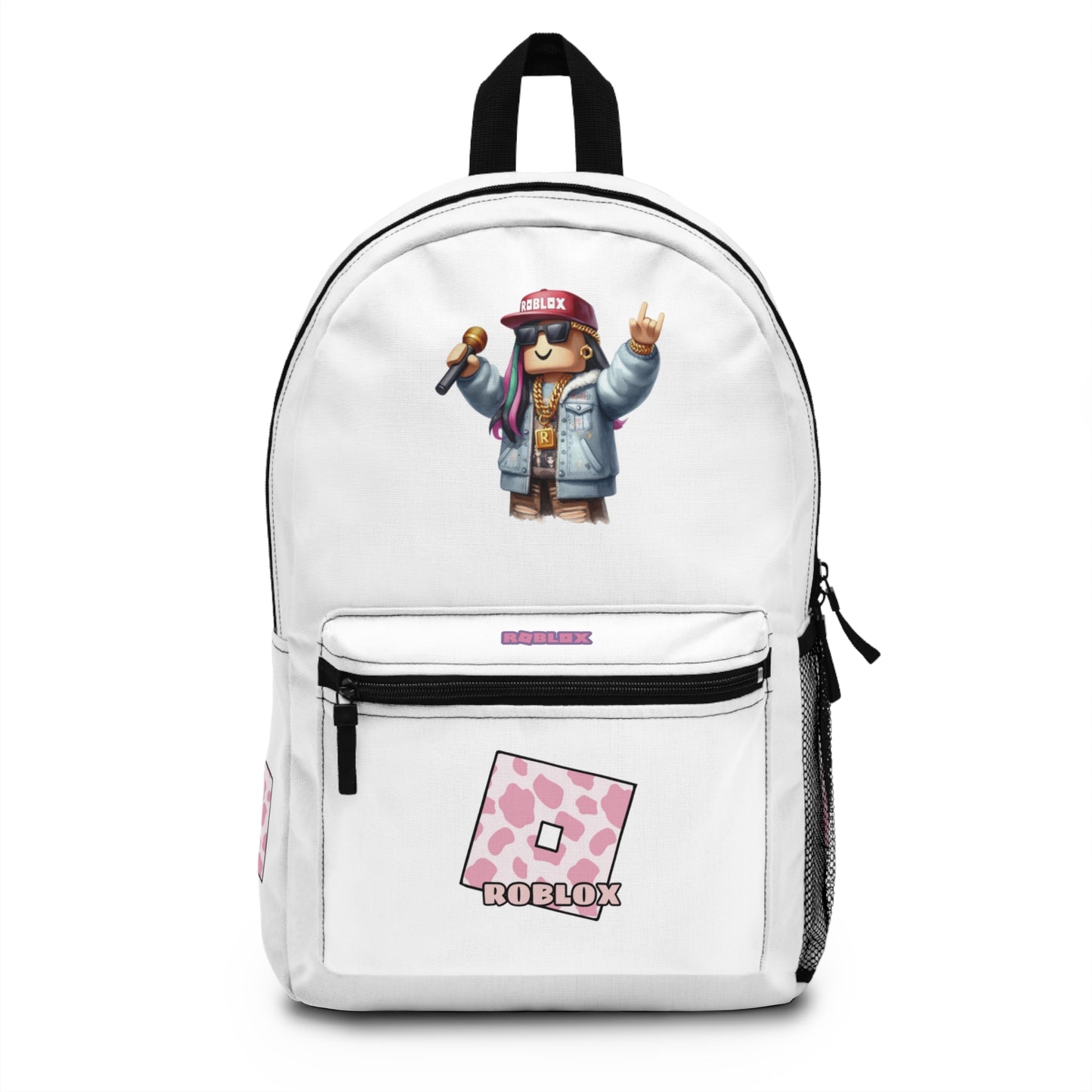 Front view of white personalized Roblox girls school bag with gamer design at dobermenpremier.com