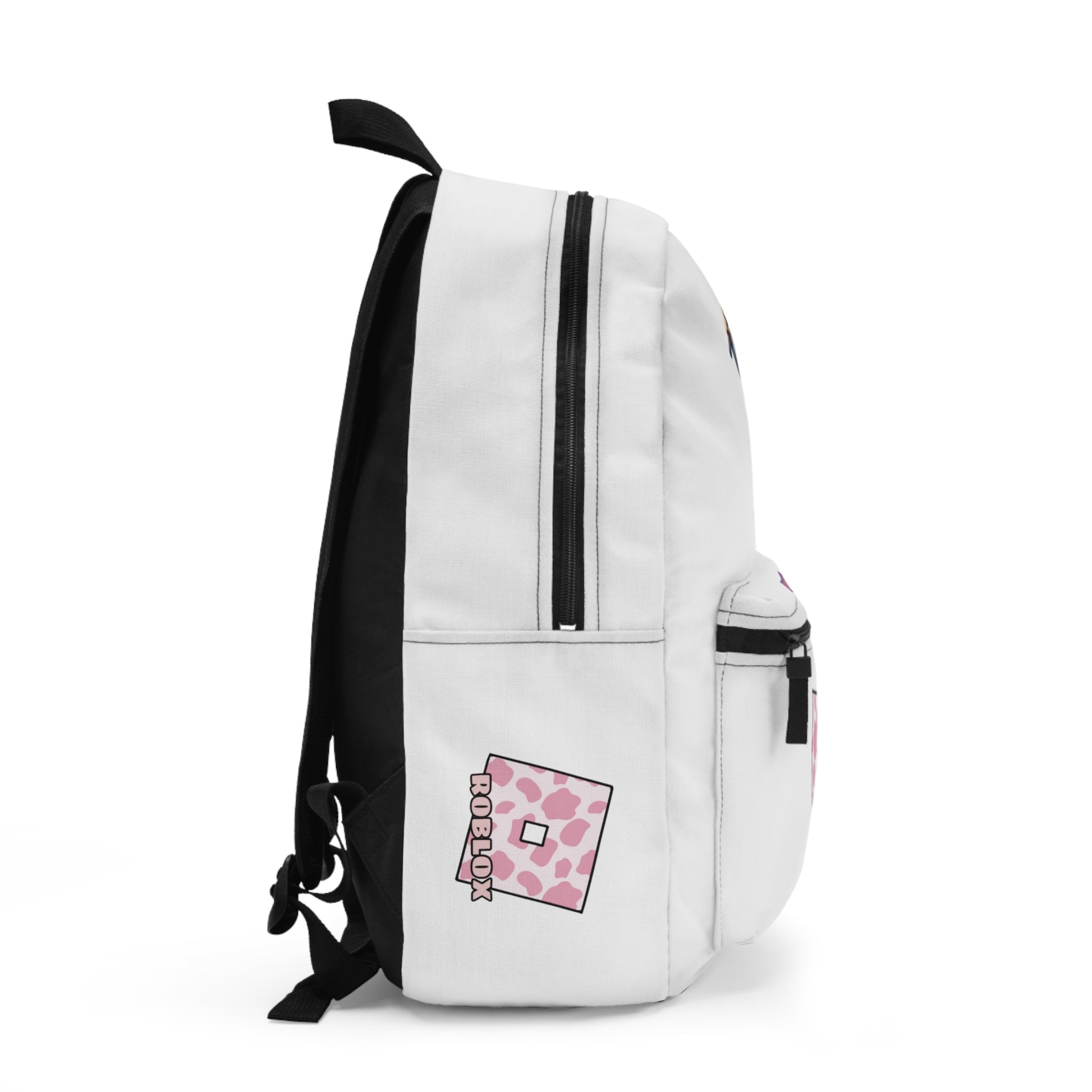 Side view of white Roblox girls backpack showing clean profile and shoulder strap at dobermenpremier.com