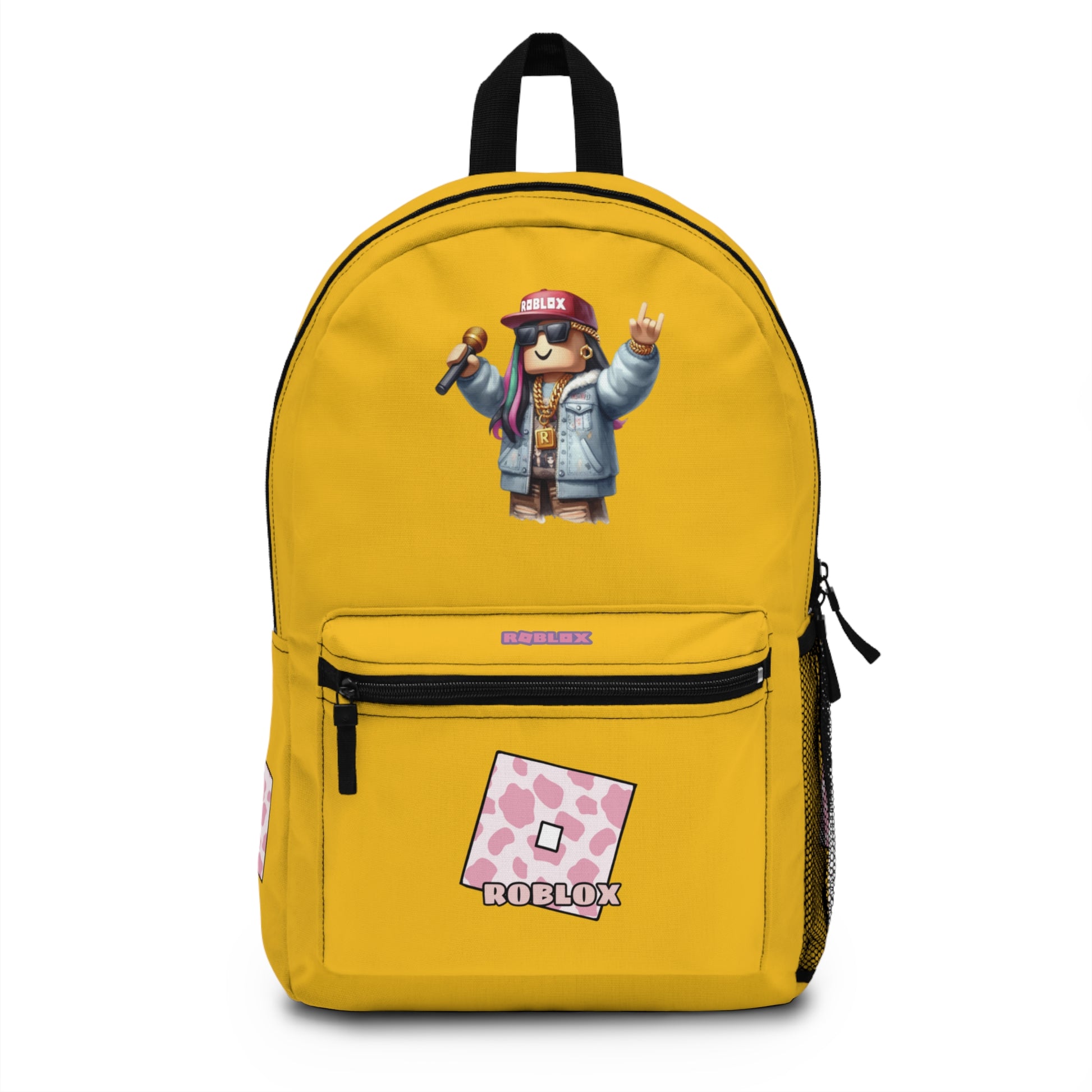Front view of yellow personalized Roblox girls school bag with gamer design at dobermenpremier.com