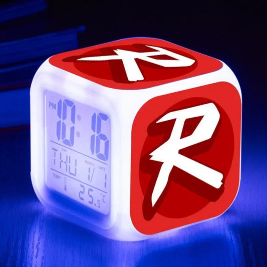 Red Roblox R logo digital LED alarm clock with glowing blue light effect and temperature display, official edition at Dobermen Premier