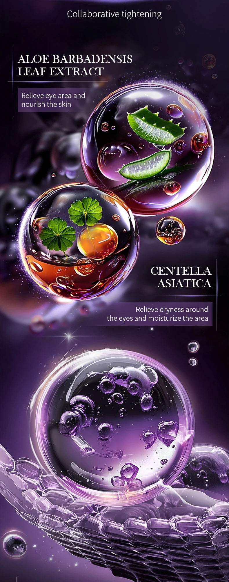 Infographic showing Aloe Barbadensis and Centella Asiatica extracts used in the SADOER starry eye mask for skin nourishment.