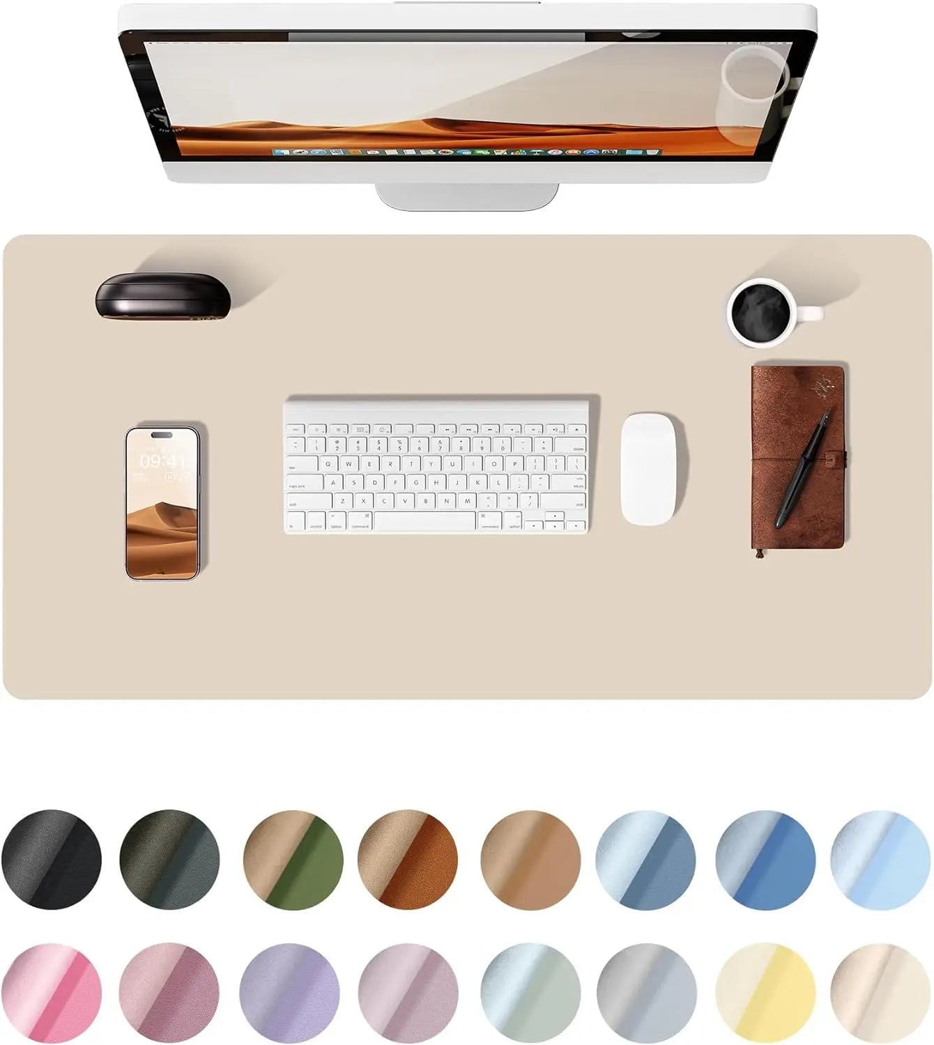 Top view of a clean office setup with a YSAGi desk mat and a showcase of available colors including black, pink, and blue.