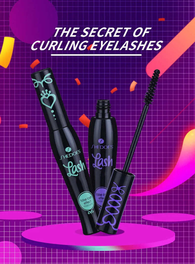 Two SHEDOES black mascara tubes on a colorful abstract background highlighting the secret to curling eyelashes.