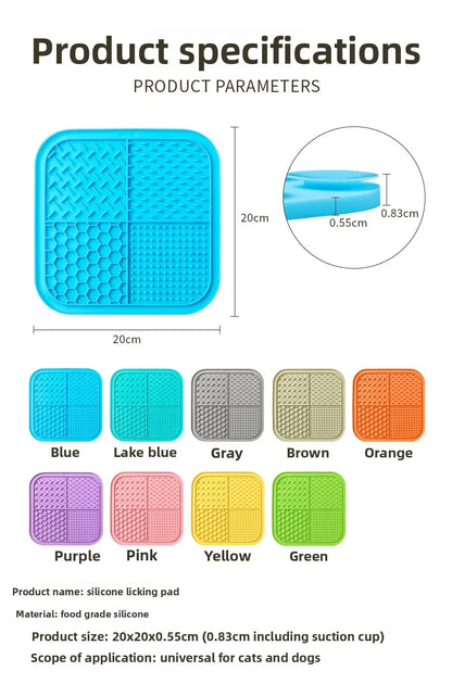 Product specification diagram for the 20x20cm silicone pet licking pad showing all available colors and suction cup details.