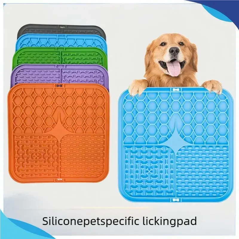 A variety of colorful silicone pet licking pads in orange, blue, green, and purple with a happy Golden Retriever.