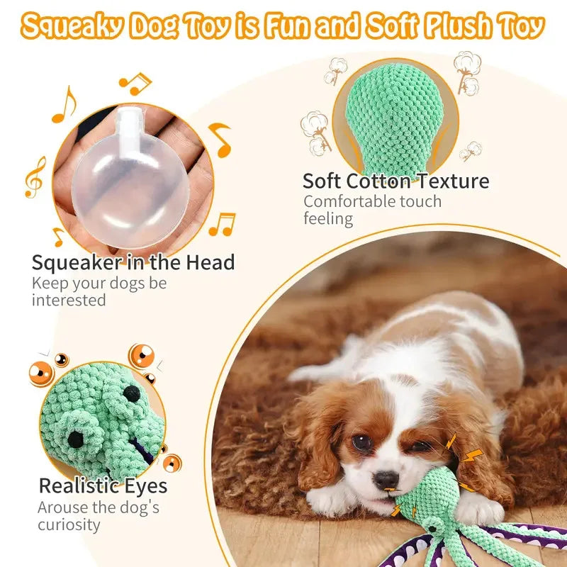 Infographic showing the features of the octopus dog toy: internal squeaker, soft cotton texture, and realistic eyes.