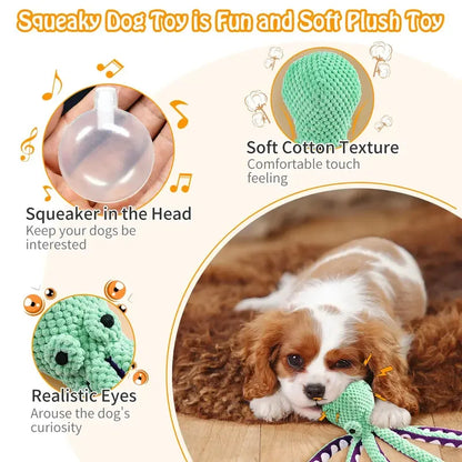 Infographic showing the features of the octopus dog toy: internal squeaker, soft cotton texture, and realistic eyes.