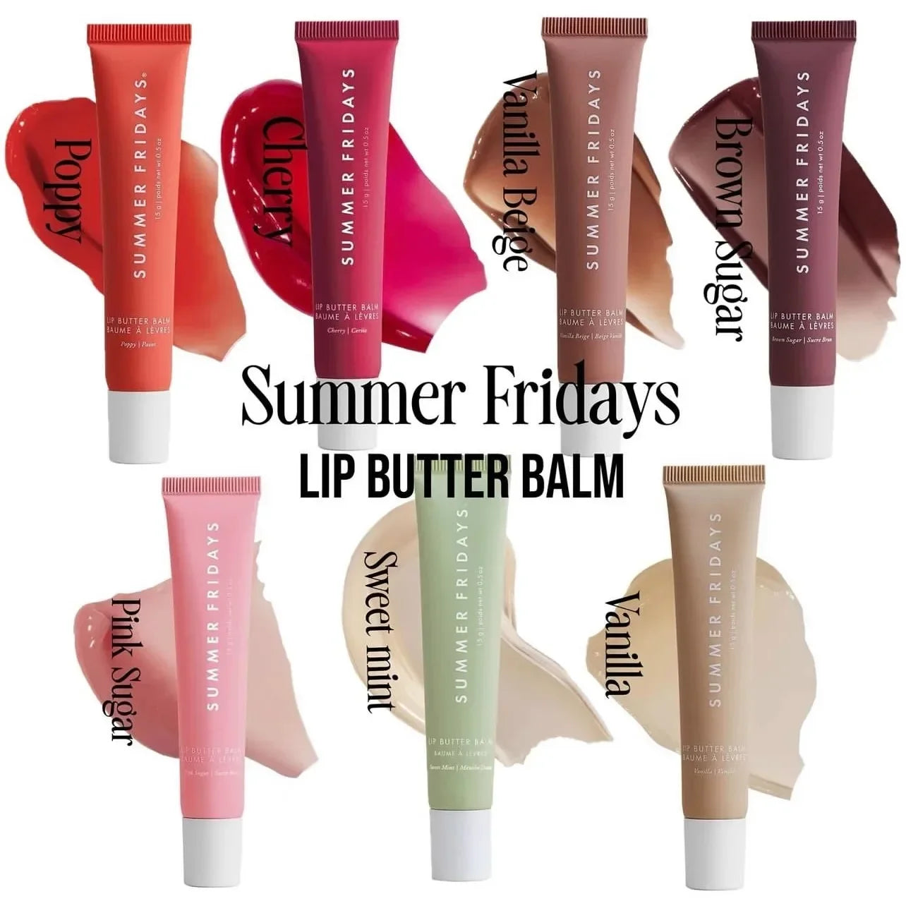 Selection of Summer Fridays Lip Butter Balm tubes with corresponding creamy swatches on a white background.