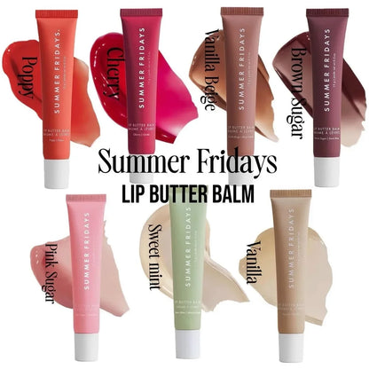 Selection of Summer Fridays Lip Butter Balm tubes with corresponding creamy swatches on a white background.