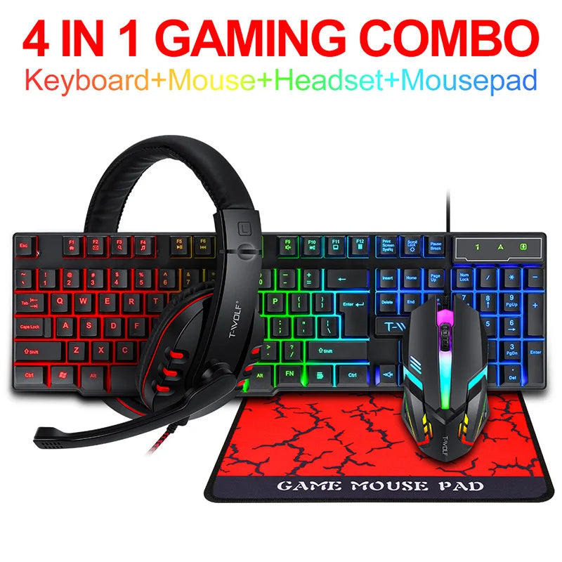 Complete T-WOLF 4-in-1 gaming combo including RGB keyboard, headset, mouse, and red mousepad.