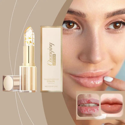Luxury gold foil color changing lipstick tube and decorative box on a gold-flecked background.