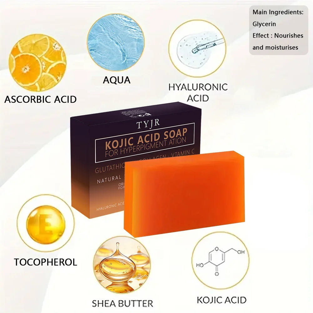 Infographic of TYJR Kojic Acid Soap showing main ingredients like Ascorbic Acid, Hyaluronic Acid, Shea Butter, and Vitamin E.