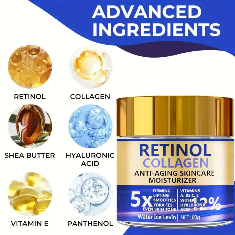 Water Ice Levin Retinol and Collagen cream highlighting advanced ingredients: Retinol, Collagen, Shea Butter, Hyaluronic Acid, Vitamin E, and Panthenol.