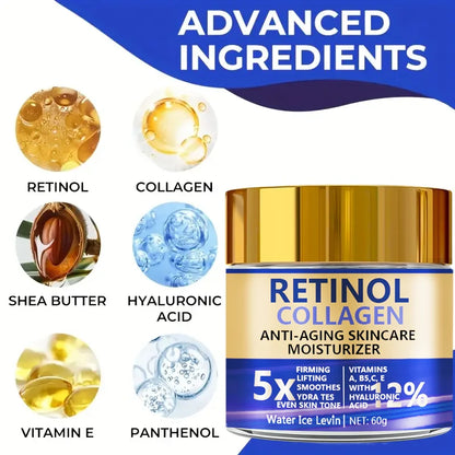 Water Ice Levin Retinol and Collagen cream highlighting advanced ingredients: Retinol, Collagen, Shea Butter, Hyaluronic Acid, Vitamin E, and Panthenol.